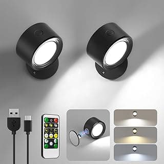 LED Wall Mounted Lights 2 Pcs with Remote, Wall Sconces Lamp 3000mAh Rechargeable Battery Operated, 3 Color Temperatures & Dimmable Magnetic 360° Rotation Cordless Light for Bedroom Bedside