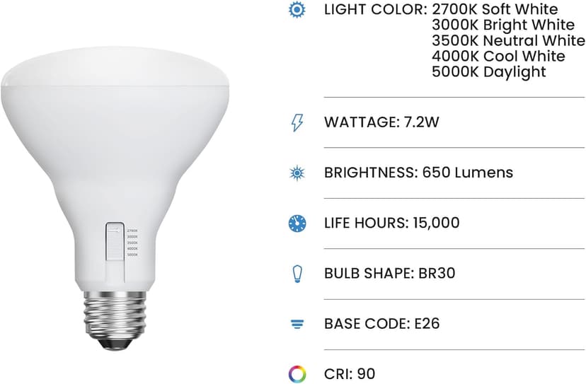 Feit Electric BR30 LED Flood Light Bulb, 65W Equivalent, Dimmable, 5CCT, Adjustable White, 650 Lumens, Indoor/Outdoor Residential & Commercial Use, 17,000-Hour Lifespan, BR3065DM5CCTCA15K/6, 6-Pack