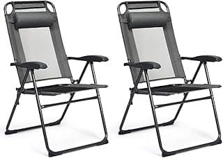 Giantex Set of 2 Patio Dining Chairs, Folding Lounge Chairs with 7 Level Adjustable Backrest, Headrest, 300 Lbs Capacity, Outdoor Portable Chairs with Metal Frame (2, Gray)