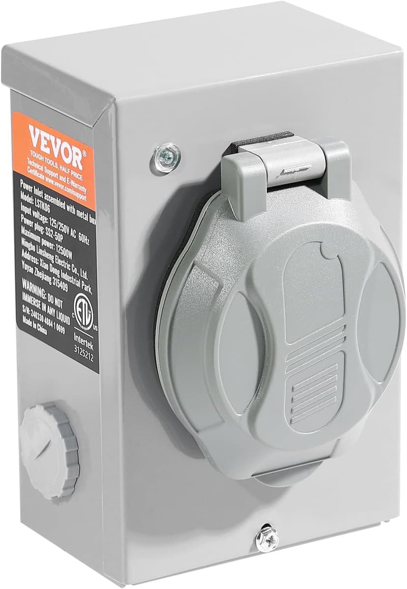 VEVOR 50 Amp Generator Cord and Power Inlet Box Kit, 25FT Generator Extension Cord NEMA 14-50P/SS2-50R STW 6/3+8/1 AWG with Twist Lock Connector, Pre-Drilled Inlet Box, ETL Listed