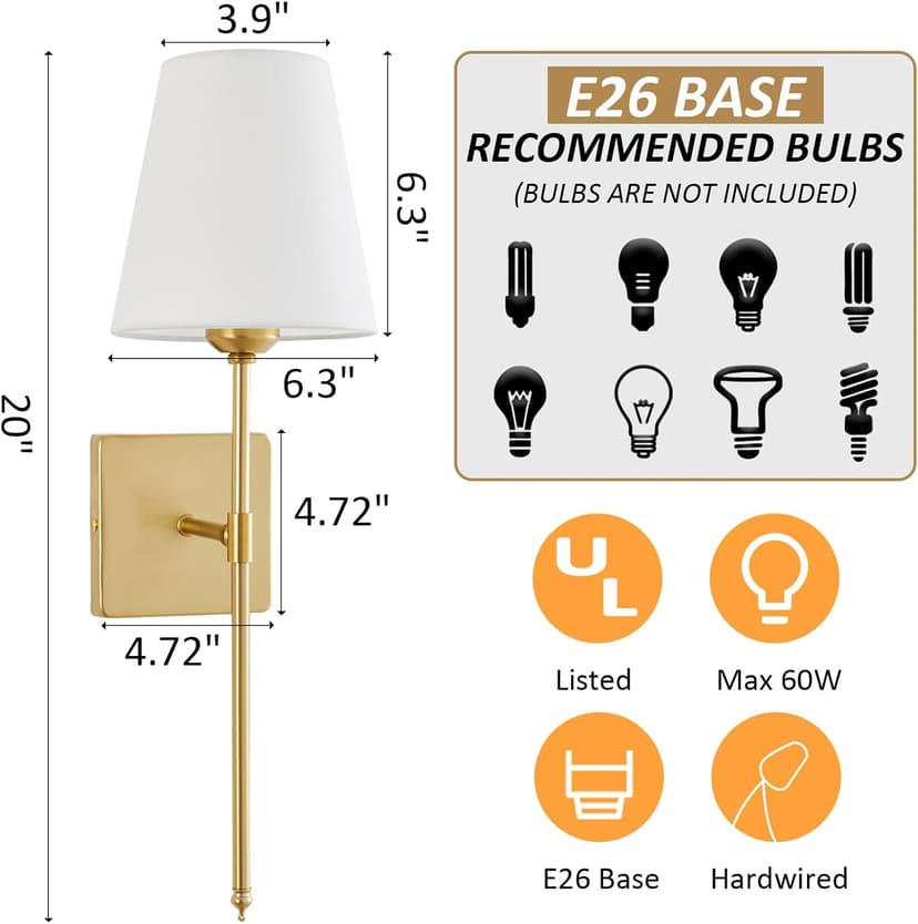 Wall Sconces Sets of 2, White Fabric Shades Wall Sconces, Hardwired Retro Industrial Wall Lamps, Bathroom Vanity Sconces Wall Lighting, Wall Mounted Lamps for Bedroom Living Room Kitchen Mirror