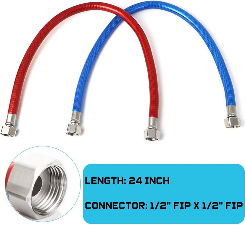 24 inch Flexible Stainless Steel Corrugated Water Heater Connector Hot and Cold Color Water Heater Hose 1/2 "FIP x 1/2" FIP 2pcs