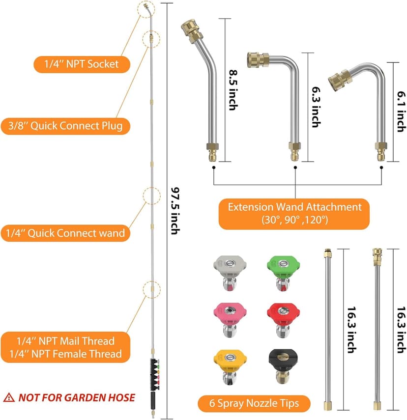 Sealegend 8FT Pressure Washer Extension Wand for Gutter Cleaning, Upgrade Power Washer Accessories with 6 Spray Nozzle Tips, 3 Gutter Cleaner Attachments Curved Rod, 1/4" Quick Connect, 4000 PSI