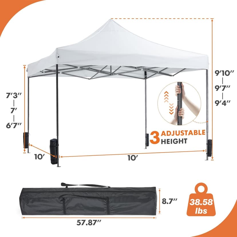 DUMOS Canopy Tents 10x10 Heavy Duty with Sand Bags, Pop Up Canopy for Vendor Market,Parties,Backyard with Carrying Bag, Waterproof Portable Tent Pop Up Shade 10FT WH