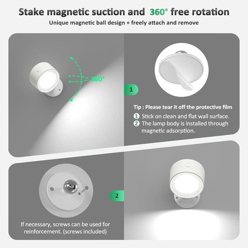 LED Wall Sconces 2 Pcs with Remote, Wall Mounted Lights Rechargeable Battery Operated, 3 Color Temperatures & Dimmable Wall Lamp Magnetic 360° Rotation Wireless Light for Bedroom Living Room