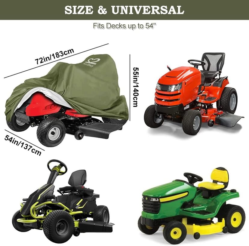 Riding Lawn Mower Cover, Heavy Duty 600D Oxford Outdoor Tractor Cover Waterproof UV Protection Lawn Mower Cover Fit Decks up to 54" with Elastic Cord & Storage Bag, Green