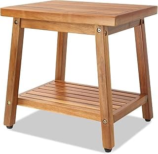 ENKEZI Small Acacia 16 Inches Outdoor Side Table, 2-Tier Sturdy Patio, End Table Weather Resistant, Strong Stability Side Table for Patio, Pool, Porch, Teak Finish (Small)