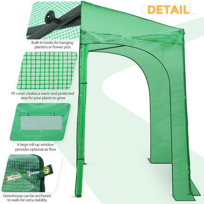 EAGLE PEAK 9x4 Lean-to Portable Walk-in Greenhouse, Pop-up Indoor Outdoor Garden Green House, Zippered Doors and Window, PE Cover, Green