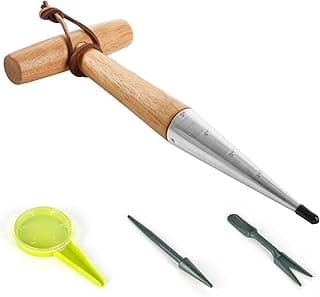 Gardtech Bulb Planter Tool, 4pcs Garden Tool Set, Includes Wood Handle Handheld Dibber Measurements Dibbler, Bamboo Plant Tags Labels, Seed Dispenser Kit, Mark Pen