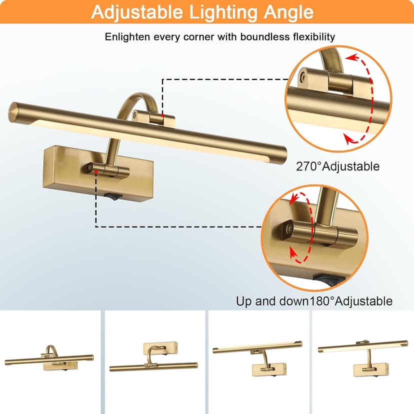 Wireless Picture Lights for Wall Rechargeable, Battery Operated Art Light for Paintings, 3CCT Dimmable, 15.7" Brass Finish with Remote, Rotatable Gallery Light for Pictures Display