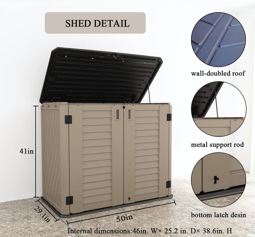KINYING Outdoor Storage Shed - Horizontal Storage Box Waterproof for Garden, Patios, Backyards, Multi-Opening Door for Easy Storage of Garbage Cans, Tools, Lawn Mower, 26 Cubic Feet,Brown