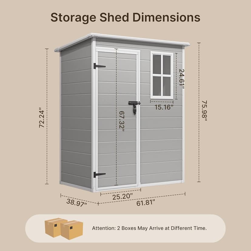 Gizoon 5X3 FT Resin Outdoor Storage Shed, Plastic Garden Sheds with Floor to Store Patio Furniture, Gardening Tools, Outside Patio Storage House with Lockable Door for Backyard, Lawn, Grey