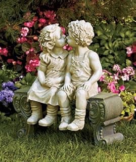 Cute Garden Smooching Children Boy Girl Sitting on Bench Statue Whimsical Flowerbed Yard Outdoor Sculpture Decor