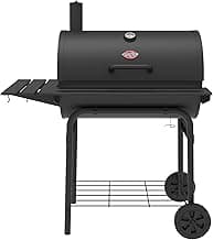 Char-Griller Pro Deluxe Charcoal Barrel Grill, EasyDump™ Ash Pan, Premium Front and Side Shelves with Utensil Hooks, 850 Square Inches of Cooking Space in Black, Model E2827