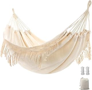 Double Boho Macrame Hammock with Elegant Tassels for Patio, Yard, Beach Wedding Decor, Outdoor and Indoor Up to 450lbs Include Tie Ropes and Drawstring Bag