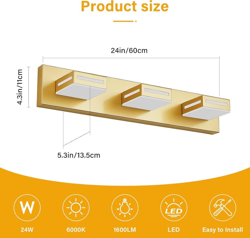LED Modern Bathroom Vanity Light Fixtures (3-Light, 24-Inch), Acrylic Gold Bathroom Wall Lighting Fixtures Over Mirror (Cool White 6000K) with Rotatable Vanity Lights Heads