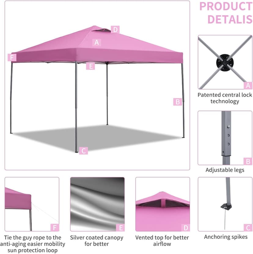 GDY 10'x10' Pop Up Canopy Tent, Outdoor Canopy Tent, Commercial Instant Gazebos, Portable Shelter Canopies, for Patio/Outdoor/Wedding Parties and Events,(Pink).