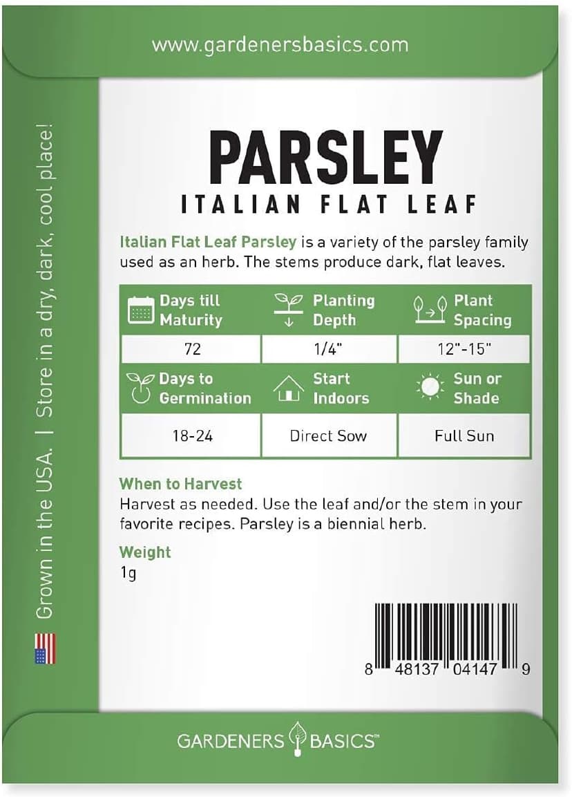 Gardeners Basics, Parsley Seeds for Planting, Italian Flat Leaf is A Heirloom, Open-Pollinated, Non-GMO Herb Variety- Great for Indoor and Outdoor Gardening and Herbal Tea Gardens