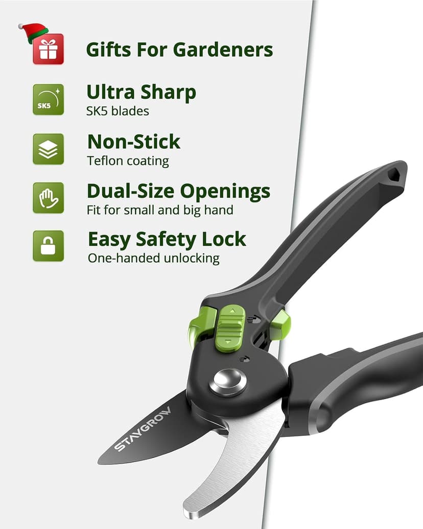 Pruning Shears for Gardening - 8.5" SK5 Garden Shears Cuts 10000+ Times Staying Sharp - Garden Scissors with One-handed Unlocking & Adjustable Handle- Garden Clippers Gardening Tools for Men Women