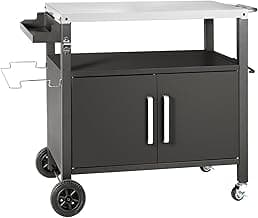 Dining Cart Table with Big Storage Cabinet, Movable Outdoor BBQ Grill Table Pizza Oven Stand, Kitchen Cart Island Multifunctional Food Prep Table for Inside and Outside