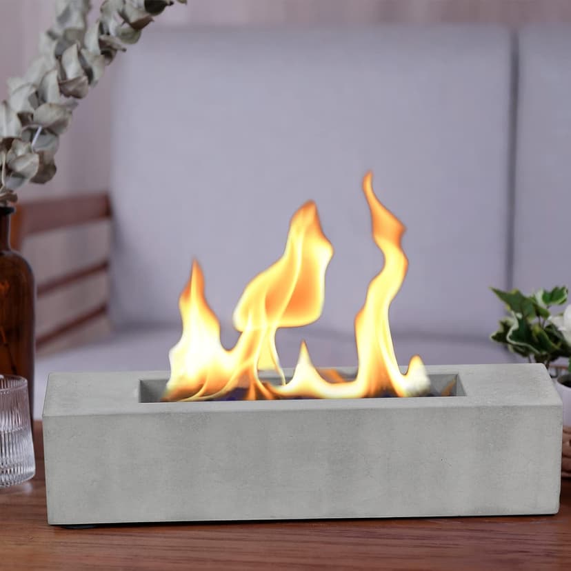 Poofzy Table Top Firepit, Indoor Fire Pit Tabletop Concrete, Portable Ethanol Tabletop Fireplace Outdoor for Patio Home Decor Housewarming 14.9x3.3x3.3 in (Gray)