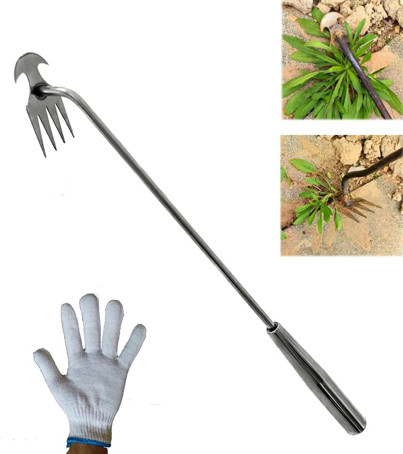 2023 New Weeding Artifact Uprooting Weeding Tool, Premium Manganese Steel Forged Weed Puller 4 Teeth Dual Purpose Weeder, Hand Weeder Tool for Gardening with Long Handle (19.6 inch stainless steel)