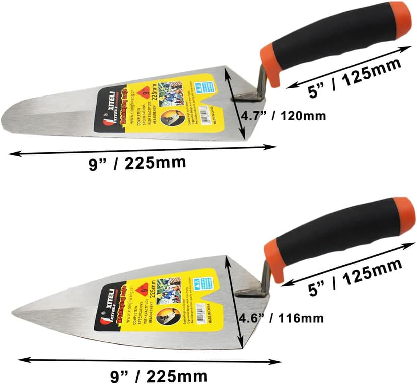 2 Pcs Masonry Hand Tool Set, 9" Pointing and Gauging Trowel Set with Soft Grip Handle, Margin Trowel for Bricklaying