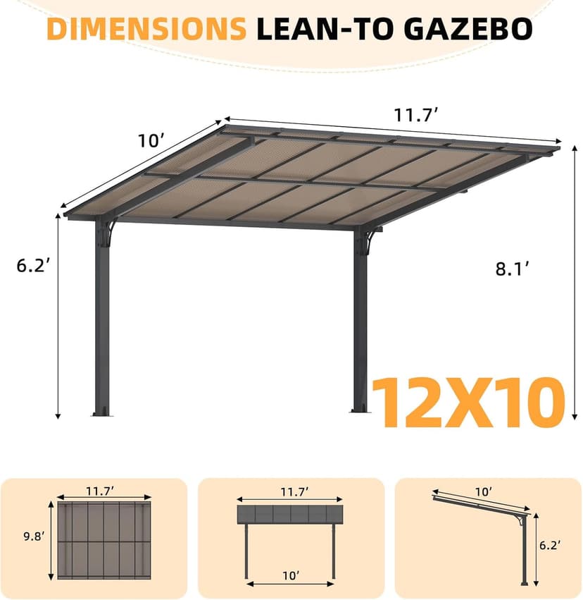 AECOJOY 12' x 10' Gazebo, Outdoor 10x12 Pergola Carport for Patio, Freestanding Lean to Hardtop Gazebo, Pergolas and Gazebos Clearance with Roof, Wall-Mounted Heavy Duty Metal Awnings for Patio, Decks