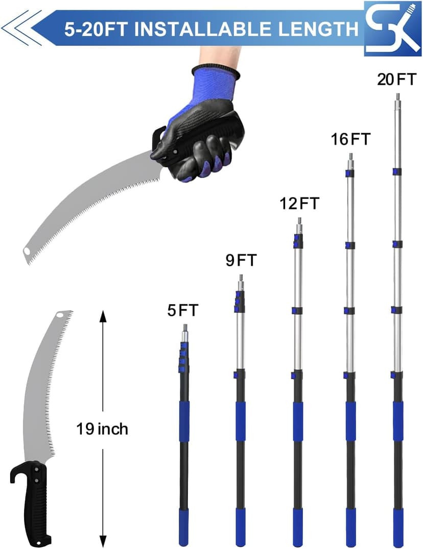 26FT Reach Pole Saws for Tree Trimming, Manual Pruning Pole Saw with 5-20FT Telescoping Extension Pole, Tree Pruner Tree Trimmer with 19" 3X Detachable Saw for Yard Garden Trees Palms Shrubs