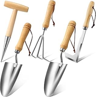 Lasnten 5 Pcs Dibber Garden Tool Set, Heavy Duty Seed Planter Gardening Tools with Hand Dibber, Hand Crack Weeder, Transplanter, Big Trowel, 3-Claw Cultivator for Planting Flowers, Gardening Gifts