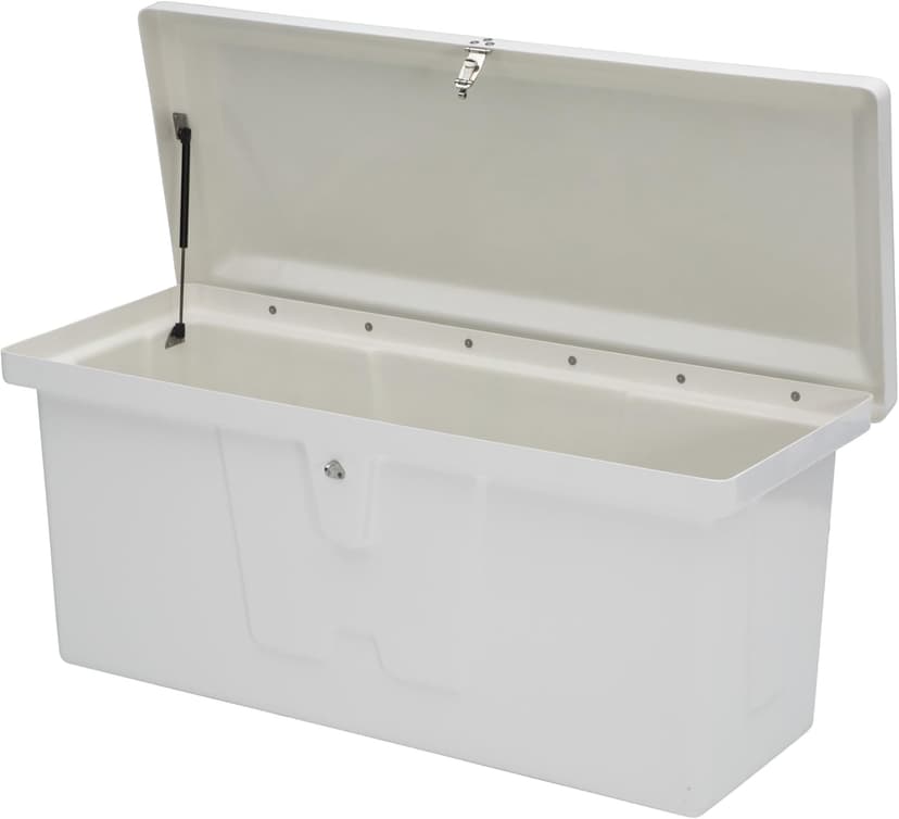 Taylor Made Stow 'N Go Small Fiberglass Dock Box, White (24"H x 54"W x 22"D) – Fiberglass construction, UV gelcoat finish, stainless steel lockable latch and hardware – 2020108652