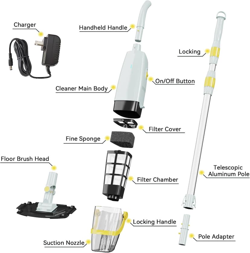 (2025 Upgraded) Cordless Handheld Pool Vacuum, Rechargeable Pool Cleaner with Telescopic Pole and Fine-Sponge, Powerful Suction, Ideal for Above & In-Ground Pools, Spas, Hot Tubs, Yellow