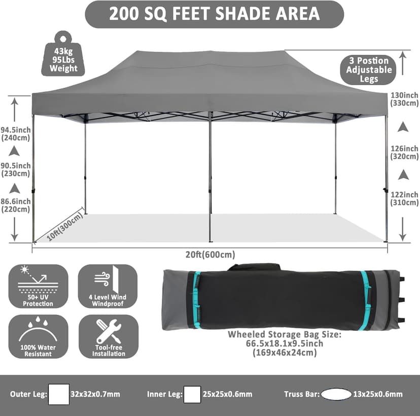 COBIZI 10x20 Pop Up Canopy Without Sidewall,Heavy Duty Canopy UPF 50+ All Season Wind Waterproof Commercial Outdoor Wedding Party Tents for Parties Canopy Gazebo with Roller Bag(10 x 20 ft Gray)