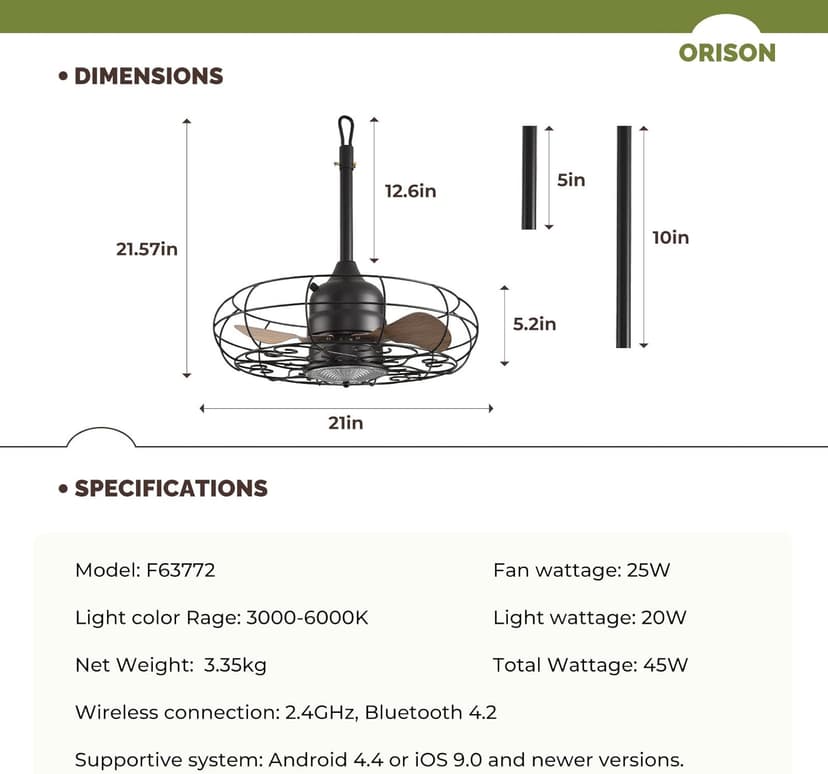 Orison Outdoor Ceiling Fans with Light, 21'' Wet Rated Outdoor Hanging Fan for Gazebo, Plug in Caged Lighting for Pergola Canopy, Hanging with Hook, 3 Color LED Light, Waterproof
