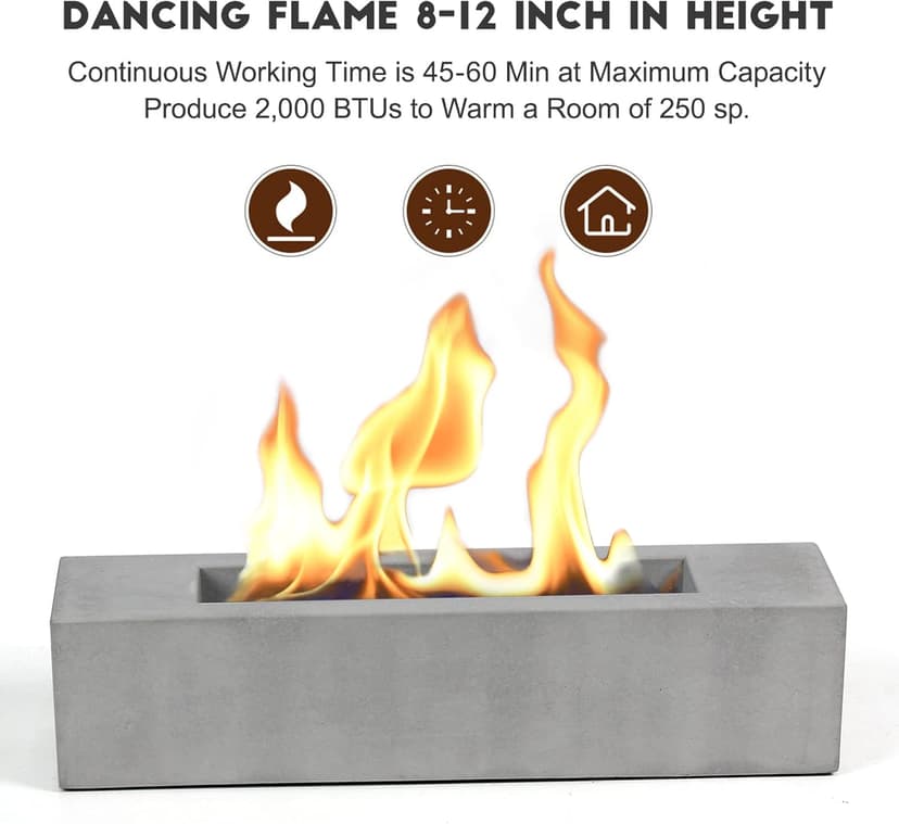 Poofzy Table Top Firepit, Indoor Fire Pit Tabletop Concrete, Portable Ethanol Tabletop Fireplace Outdoor for Patio Home Decor Housewarming 14.9x3.3x3.3 in (Gray)