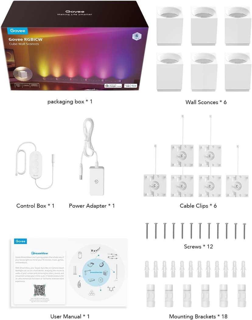 Govee Cube Wall Sconces, RGBIC LED Wall Light Works with Alexa, WiFi Smart Lights for Room Decor, Color Changing Indoor Light Fixture for Bedroom Dining Room, Music Sync, Adjustable Cables, 15ft