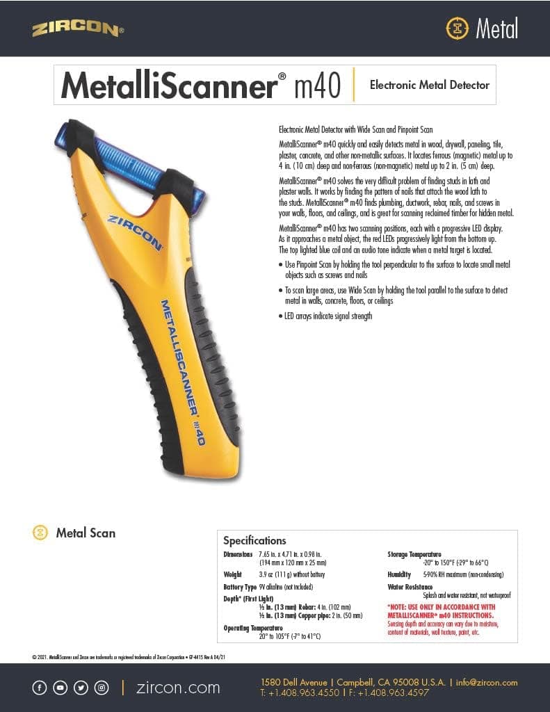 Zircon MetalliScanner m40 Handheld Electronic Metal Detector For Use on Dry Wall, Concrete, Lathe and Plaster, Stucco and More