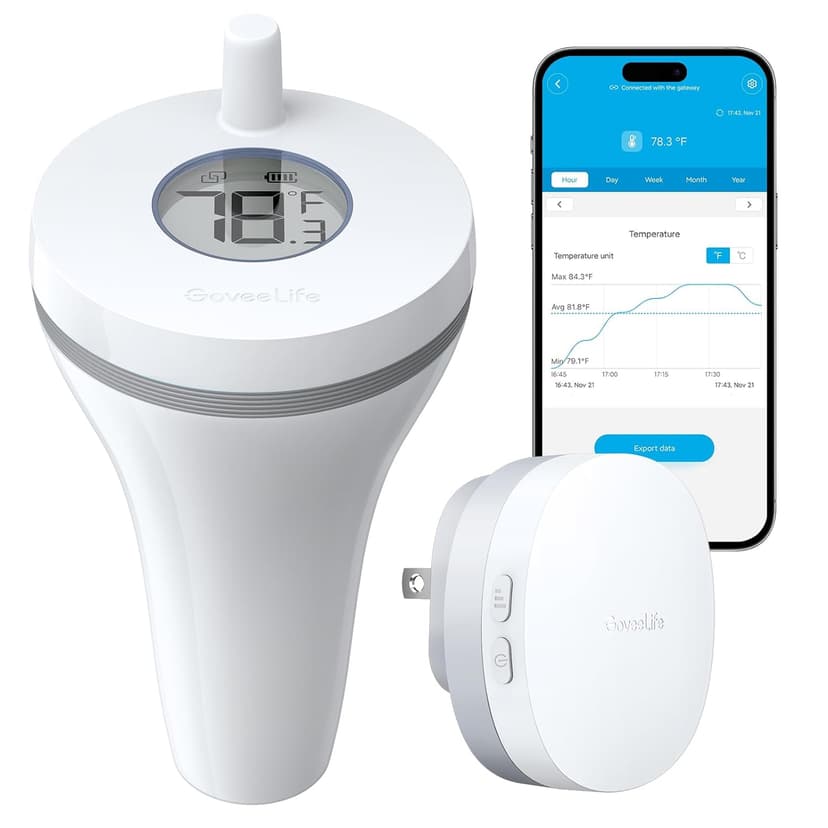GoveeLife Smart Pool Thermometer with WiFi Gateway, Digital Swimming Water Thermometer Temperature Monitor with IPX7 Waterproof, Remote App Notification Alert for Ice Bath Tub, Fishbowl, Pond, Hot Tub