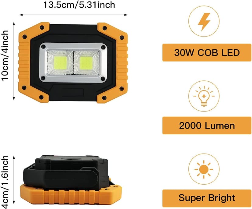 Tekstap LED Work Light Rechargeable, 30W 2000LM Portable Waterproof Rechargeable Work Lights with Stand, Battery Powered COB Flood Lights for Power Ouage Emergency Outdoor Camping Garage