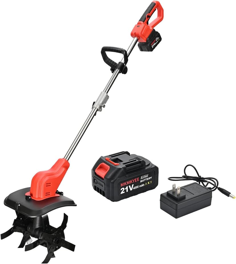 21v Cordless Tiller Cultivator, 300 RPM Tiller Has Battery Capacity Display with 4.0 Ah Battery, 11 in Tilling Width, 8 in Depth Rototiller for Lawn/Gardening/Soil Cultivation by MKMKYEE