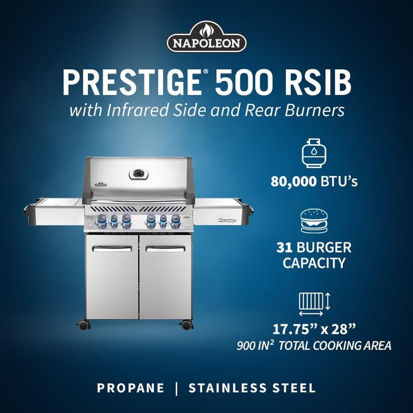 Napoleon P500RSIBPSS-3 Prestige 500 RSIB Propane Gas Grill, sq. in + Infrared Side and Rear Burner, Stainless Steel