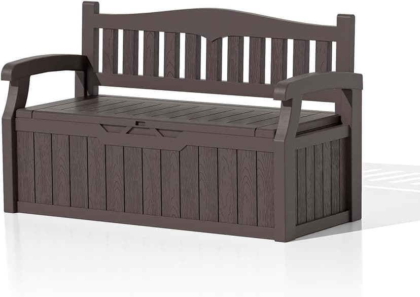 Patiowell 70 Gallon Plastic Storage Bench, Water-Resistant Deck Box for Patio Furniture, Garden Tools, Pool Storage and Outdoor Cushions, Brown