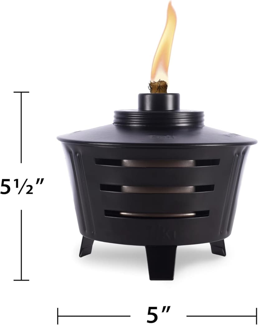 TIKI Mini Fire Pit Tabletop Torch 2-Pack, Outdoor Decorative TIKI Torch for Patio, Backyard, and Garden, Black Metal Tabletop Flame Torch, Includes Long Lasting Wick and Snuffer