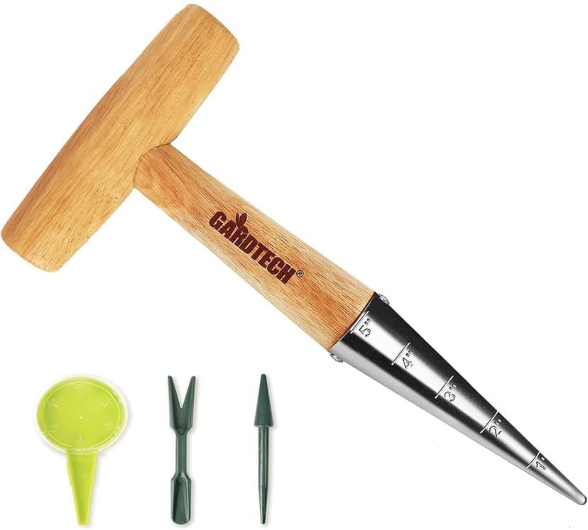 Gardtech 4 x Flower Bulb Planting Wood Tools, Stainless Steel Dibber with Calibration, Seed Plant Set Dibber & Fork, Sowing Seed Dispenser for Garden Planting…