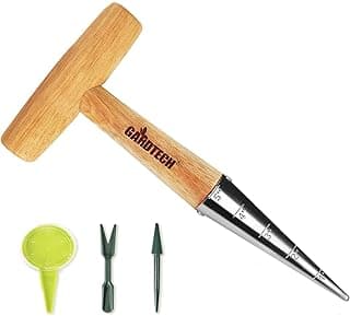Gardtech 4 x Flower Bulb Planting Wood Tools, Stainless Steel Dibber with Calibration, Seed Plant Set Dibber & Fork, Sowing Seed Dispenser for Garden Planting…