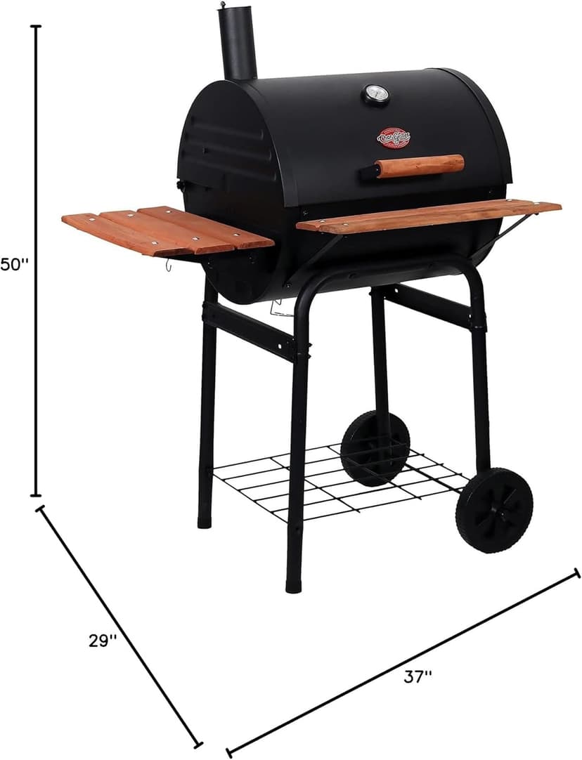 Char-Griller® Wrangler® Charcoal Grill in Black with Wood Shelves, EasyDump™ Ash Pan, Premium Wood Front and Side Shelves with Utensil Hooks, 635 Cooking Square Inches in Black, Model E2123
