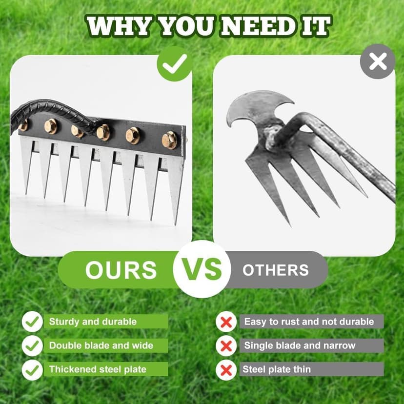 Iron Rake 2.0, Weed Puller Tool, Gardenia Iron Weeding Rake, Carbon Steel Garden Weeding Iron Weeding rake, Detachable Gardening Hand Weeder Puller Tool for Gardening and Weeding (8 Tooth)