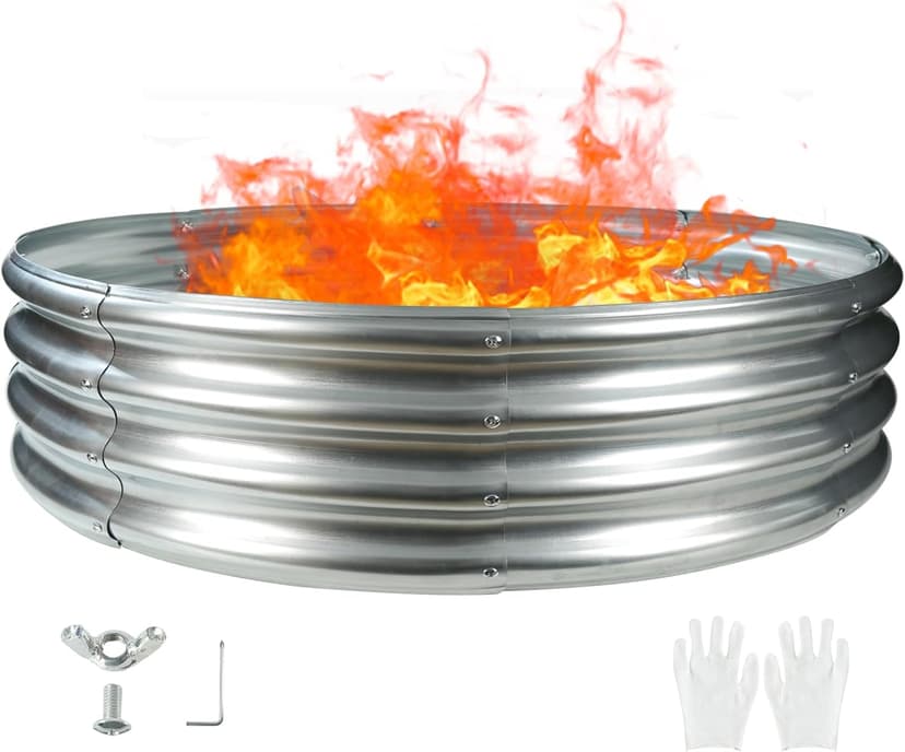 5FT Diameter Camp Fire Ring Pit, Large Round Galvanized Steel Fire Pit, Heavy Duty Steel Fire Pit Silver for Backyard, Camping, Bonfire (5x5x1FT)