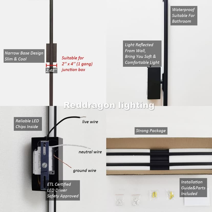 Only Suitable for Small Junction Box Hardwired Minimalist Dimmable Black Tube Linear Wall Sconce 24 Inch Mirror Vanity Light for Bathroom Living Room Bedroom Corridor (2 Pack, 24'', Black, Dimmable)
