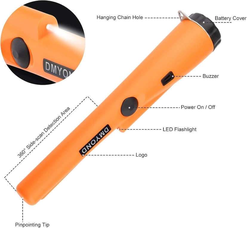 Dmyond Metal Detector Pinpointer, Professional Waterproof Handheld Pin Pointer Wand, Search Treasure Pinpointing Finder Probe with 9V Battery for Adults, Kids - Orange